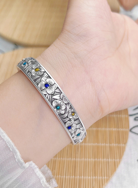 航达银匠水仙花足银999实心手镯