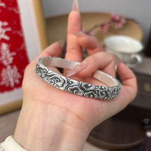 航达银匠 手工足银999实心开口祥云银手镯男女款复古做旧足银手环