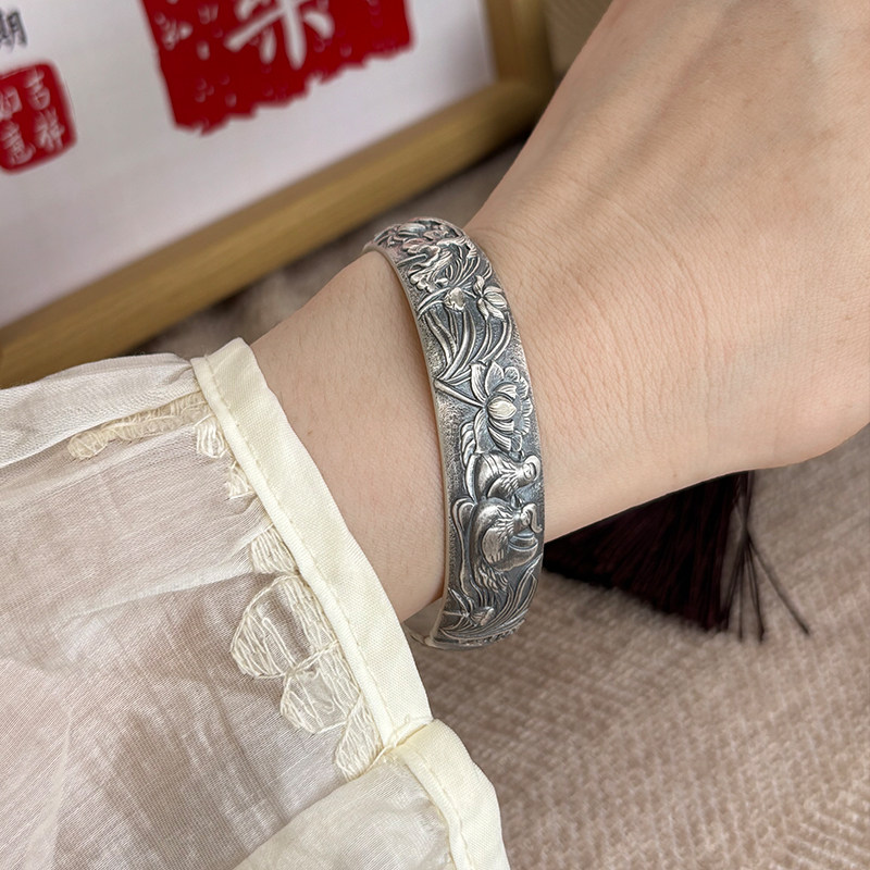 航达银匠 足银999实心开口泥鳅背荷花鱼银手镯手工复古镯子送妈妈,饰品/流行首饰/时尚饰品新,手镯,淘宝优惠券,粉丝福利购,淘宝优惠卷