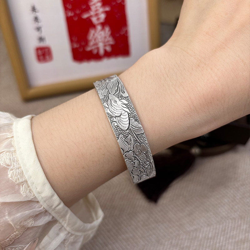 航达银匠 足银999牡丹兔子复古实心开口银手镯送女友七夕礼物女款,饰品/流行首饰/时尚饰品新,手镯,淘宝优惠券,粉丝福利购,淘宝优惠卷