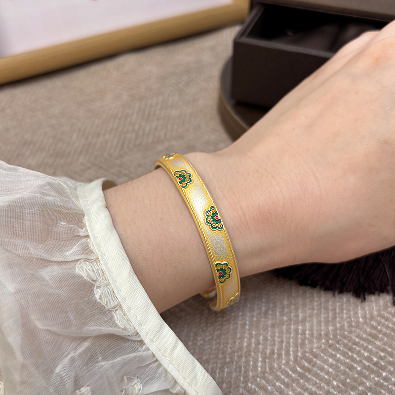 航达银匠 描金珐琅彩宝相花实心开口银手镯国风银手环送女友礼物