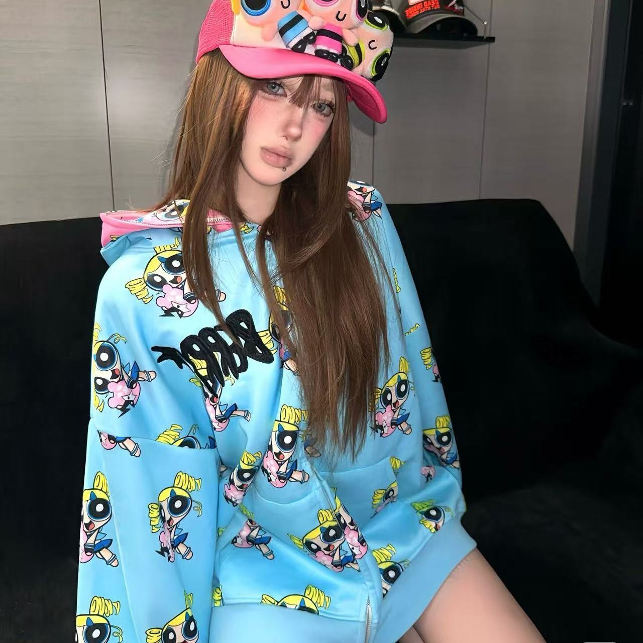 BTF 美式高街卫衣双帽外套女飞天小女警长袖拉链开衫设计感上衣