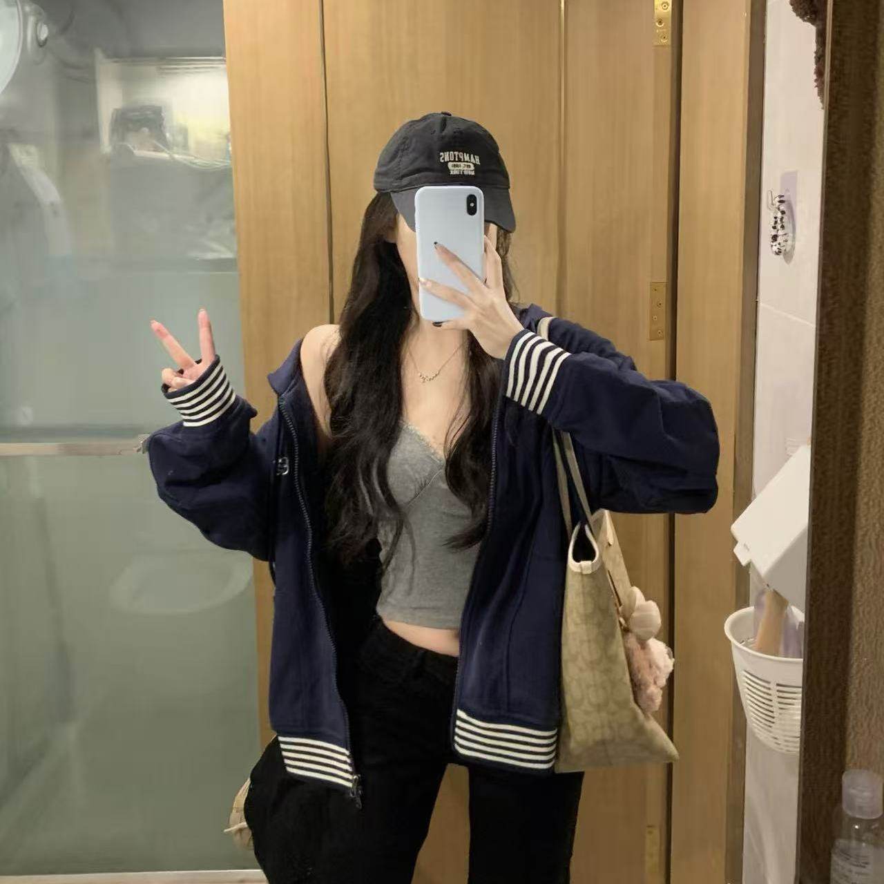 饶掌柜早秋新款螺口条纹连帽卫衣外套女刺绣百搭休闲宽松学生上衣