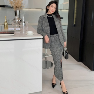 套装 外套半身裙时尚 西装 通勤气质名媛风灰色粗花呢人字纹翻领修身