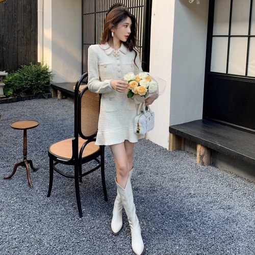 法式温柔甜美针织翻领长袖连衣裙