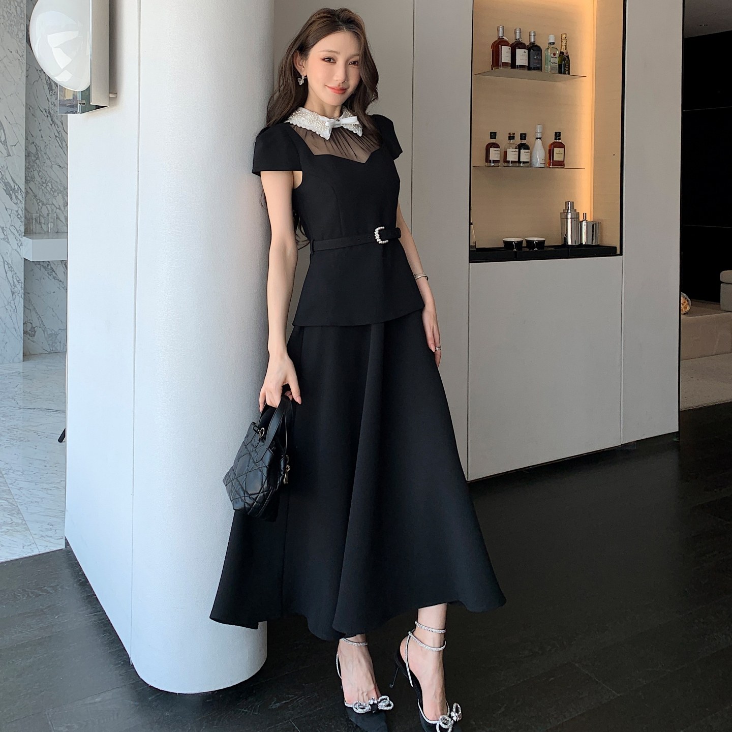 学媛风女装新款钉珠翻领气质修身黑色连衣裙高级感超好看大摆长裙