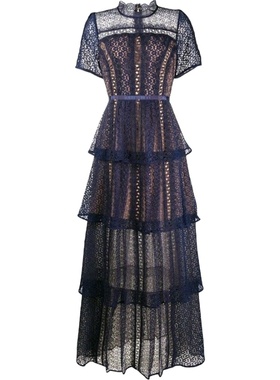 蛋糕长裙子女2021新款冬装英伦风精致蕾丝藏蓝色短袖连衣裙晚礼服