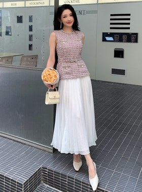 早春新款法式优雅小香风粉色粗花呢拼接白色雪纺假两件连衣裙长裙