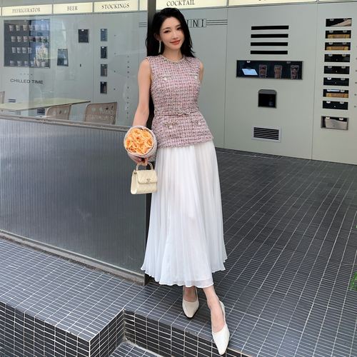 法式优雅小香风假两件连衣裙长裙