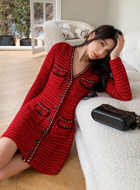 秋装新款圣诞新年喜庆红色长袖V领针织开衫连衣裙霸屏毛衣伞裙子