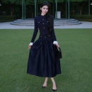 连衣裙礼服 收腰长袖 2025秋冬新款 藏蓝色千金风针织拼接塔夫绸修身