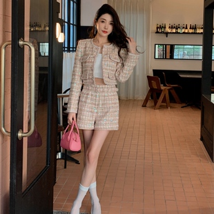 多巴胺穿搭法式 套装 小香风长袖 两件套粗花呢时尚 外套上衣短裤 秋季