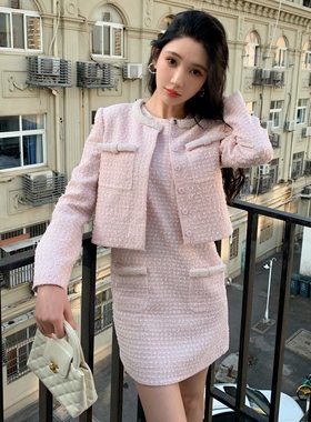 富家千金小香风珍珠粉红色粗花呢长袖外套开衫无袖连衣裙两件套装