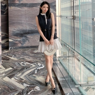 连衣裙高级感好看收腰小礼服 无袖 明星同款 灰色拼接白色假两件短款