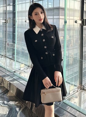 明星同款衣服经典黑色千金风针织长袖百褶连衣裙春季新品女装中裙