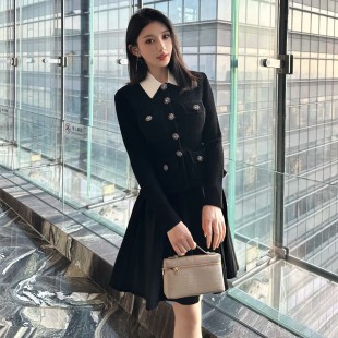 衣服经典 女装 黑色千金风针织长袖 新品 中裙 百褶连衣裙春季 明星同款