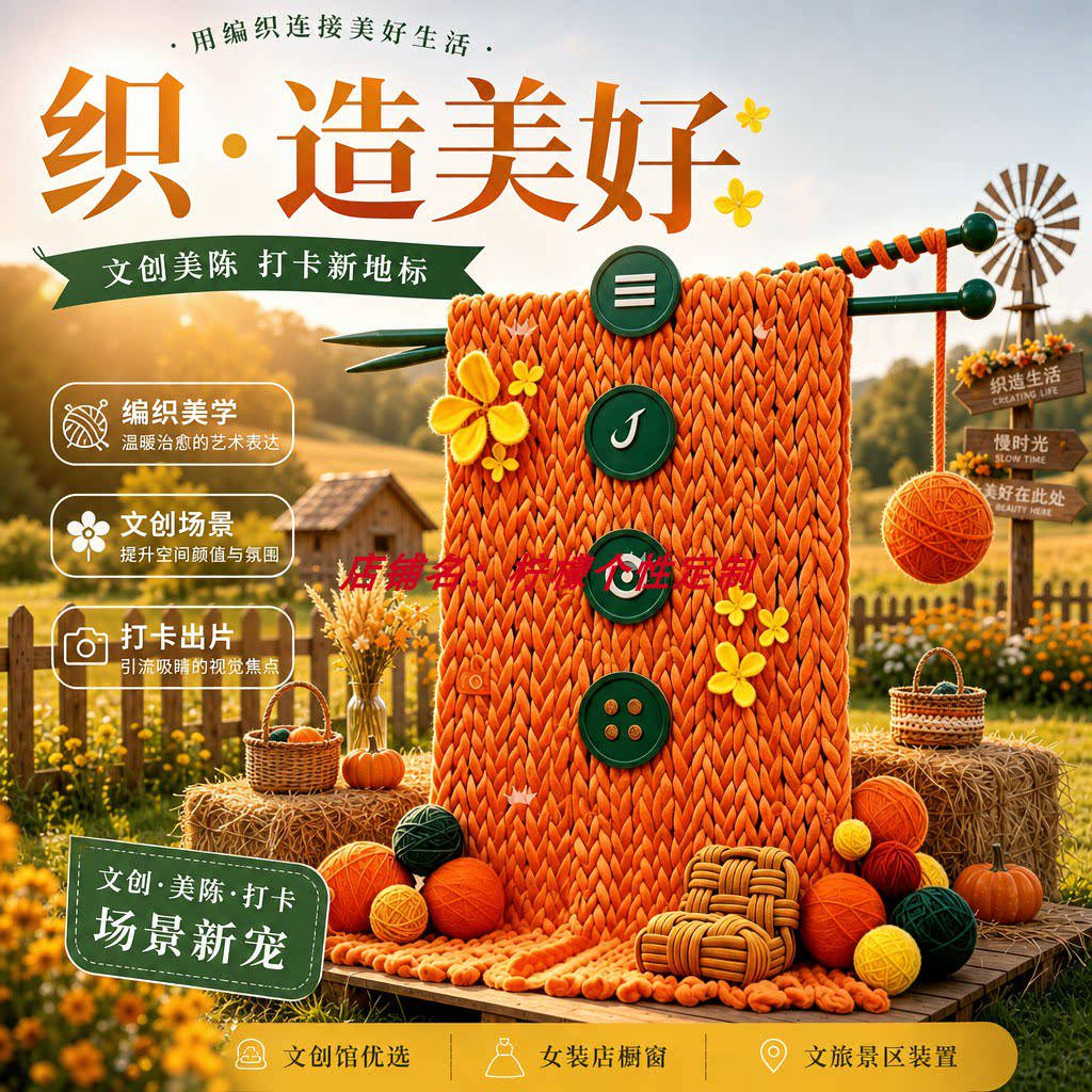 秋冬季超粗冰岛毛线手工编织装饰摆件商场店铺景区咖啡店打卡造景
