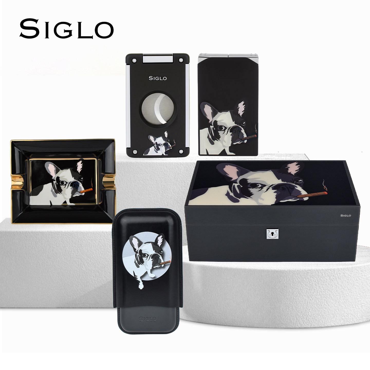 SIGLO世纪斗牛犬黑色系列雪茄剪打火机烟灰缸雪茄套75支装雪茄盒