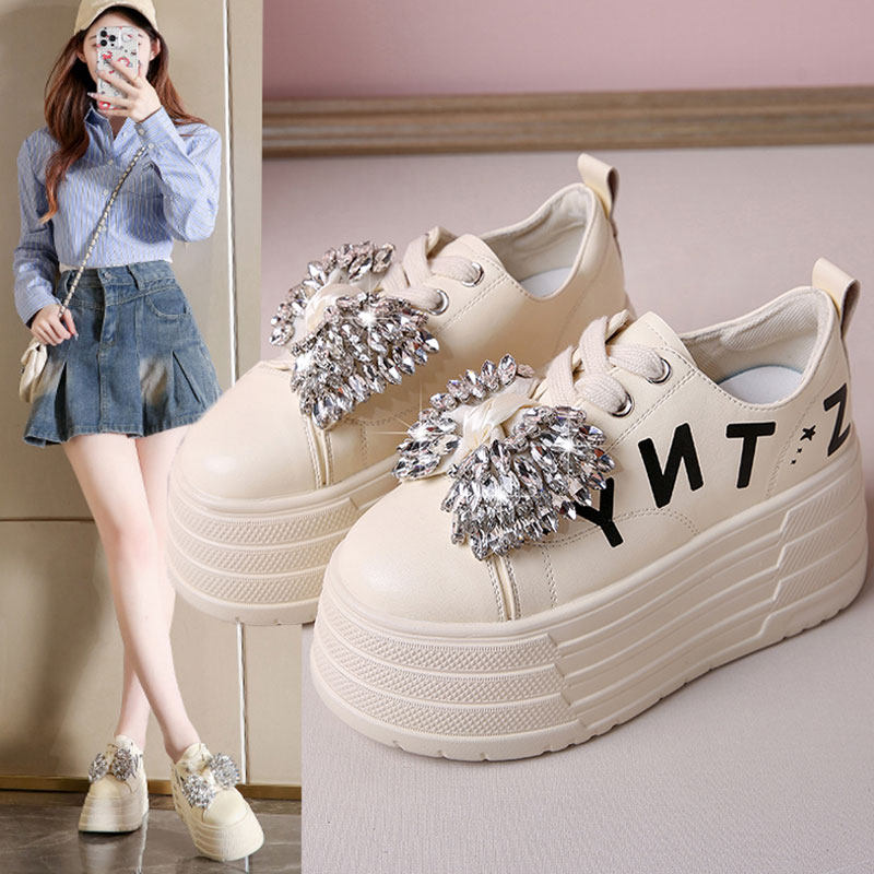 2026春新款8cm内增高女鞋厚底蝴蝶结水钻运动休闲鞋百搭松糕板鞋