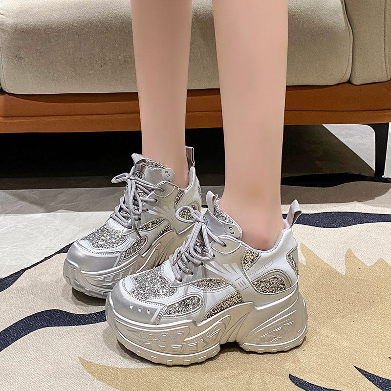 2026春季新款9cm内增高女鞋厚底亮片老爹鞋女百搭显瘦运动休闲鞋