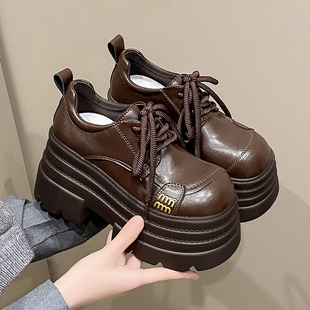 10cm内增高女鞋2025秋冬新款厚底小个子小皮鞋百搭高跟休闲乐福鞋