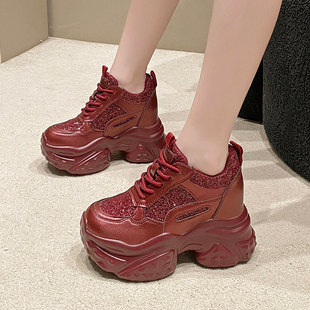 休闲鞋 2025冬季 厚底亮片加绒本命年红色老爹鞋 10cm内增高女鞋 新款