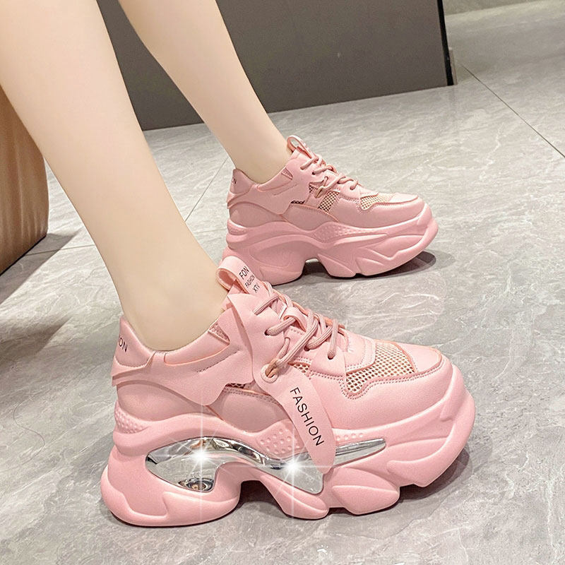 2025夏季新款8cm内增高女鞋厚底透气老爹鞋女百搭网面运动休闲鞋