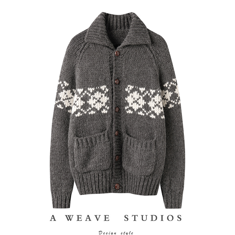 错过太可惜~复古感翻领费尔岛提花纯山羊绒毛衣女加厚针织开衫