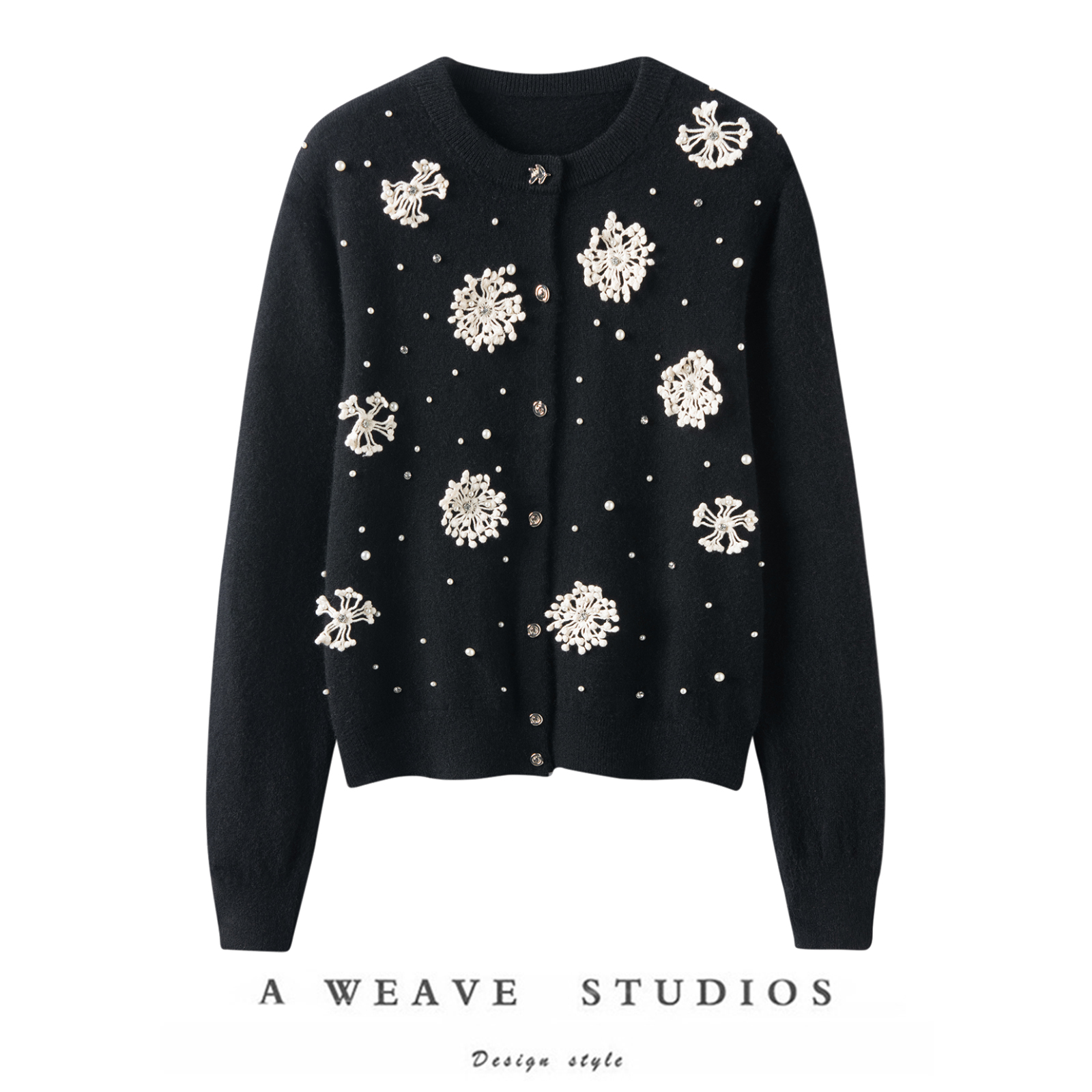 手工立体花朵钉珠纯羊绒衫外套女新款圆领100山羊绒毛衣针织开衫