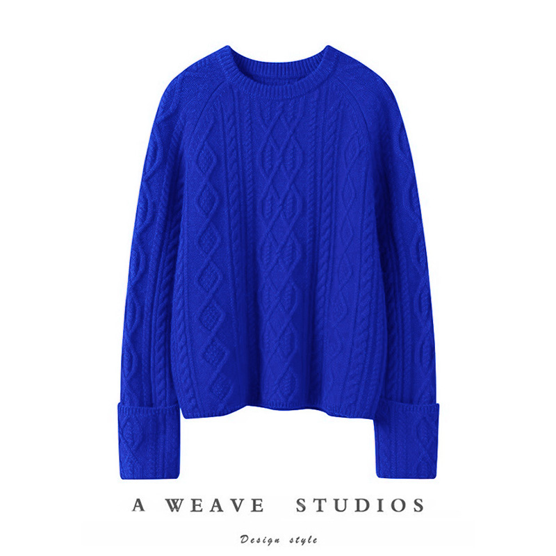 萨琪尼官方正品！圆领羊绒衫女绞花翻边袖设计纯羊绒毛衣针织衫