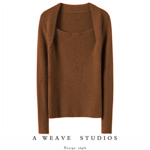 笑靥如花优雅范~显瘦方领坑条羊绒衫女纯羊绒毛衣针织打底衫秋冬