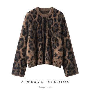 首發豹紋撞色長袖 針織休閑毛衣女 25秋冬新品 100山羊絨拉絨