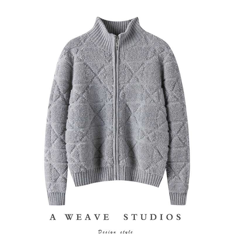 秋冬加厚提花拉链纯羊绒开衫