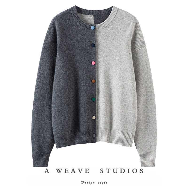 元气满满的~休闲百搭拼色100%山羊绒针织开衫女宽松气质毛衣外套