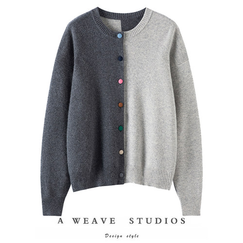元气满满的~休闲百搭拼色100%山羊绒针织开衫女宽松气质毛衣外套