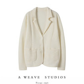 时髦感 沉积岩西装 领斜纹100%纯山羊绒针织休闲短款 稳稳 开衫