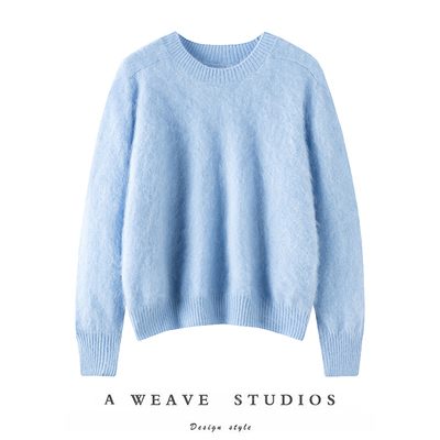 夺目气质~12针岛精皮草拉绒圆领针织100%纯羊绒衫女套头打底