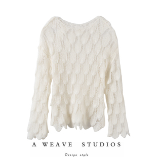 浪漫飞羽 100%纯山羊绒镂空一字领套头廓形针织毛衣2025秋冬新款