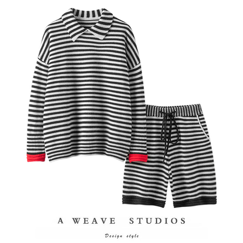 赚足回头率！条纹翻领加厚羊绒衫女纯羊绒毛衣针织短裤羊绒套装