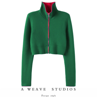 纯山羊绒修身短款针织拉链开衫