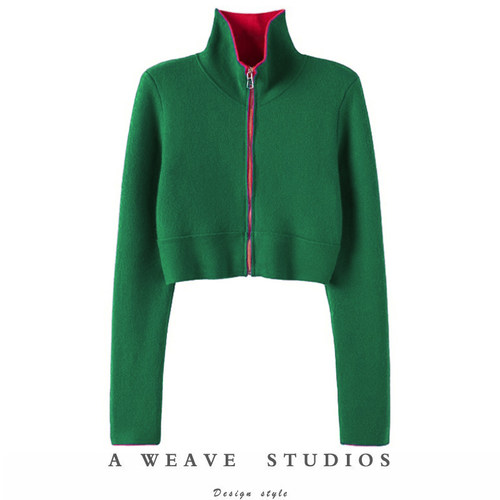 纯山羊绒修身短款针织拉链开衫