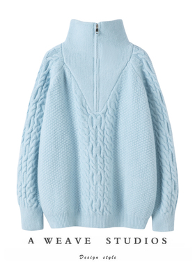 无可D替的美！奶蓝色纯山羊绒毛衣女2025宽松高领麻花半拉链开衫