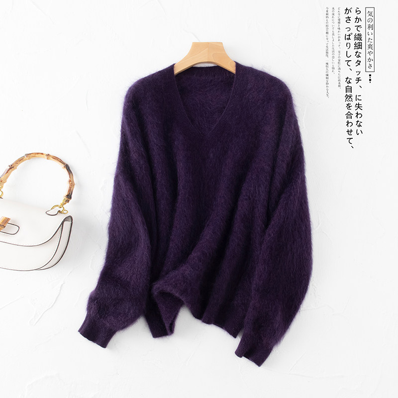简约柔和！100%纯山羊绒女V领针织毛衣拉绒拉毛宽松百搭加厚女士
