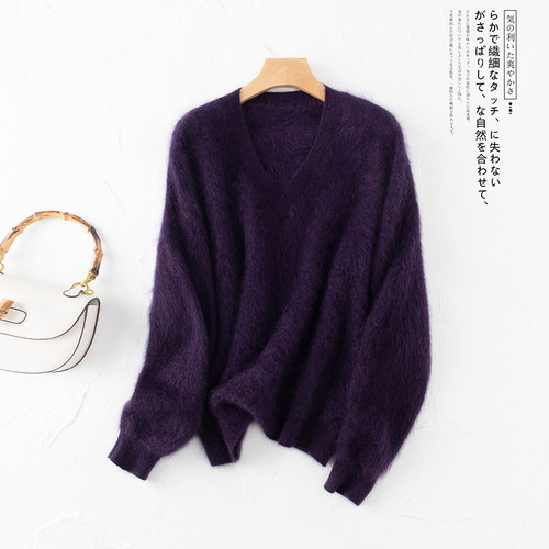 简约柔和！100%纯山羊绒女V领针织毛衣拉绒拉毛宽松百搭加厚女士