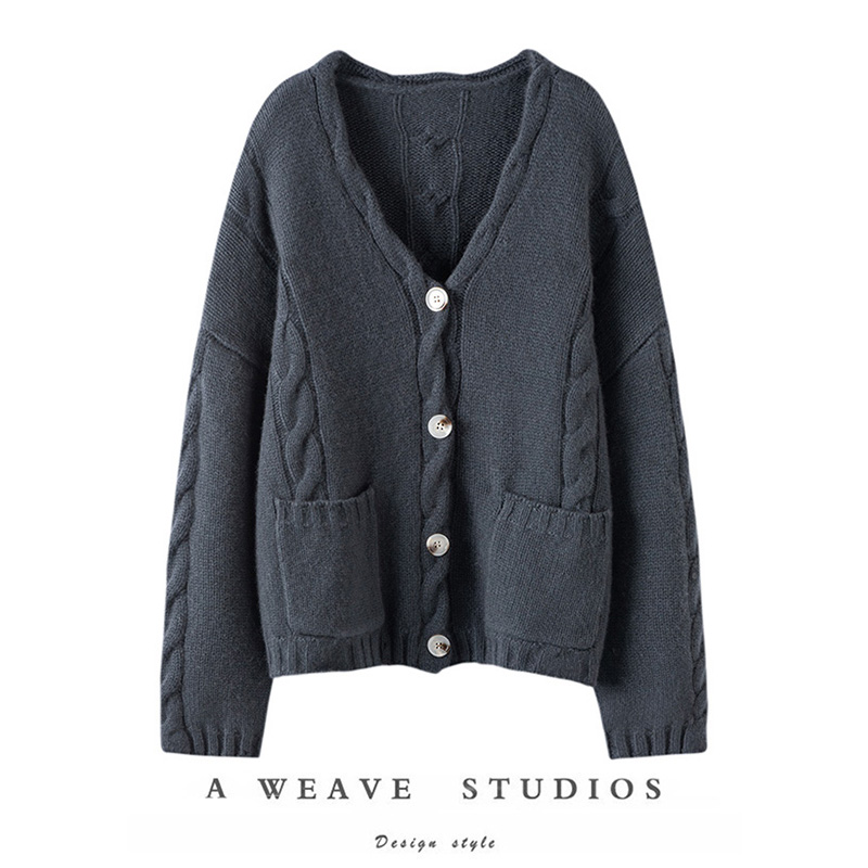 V领绞花100%纯山羊绒针织开衫