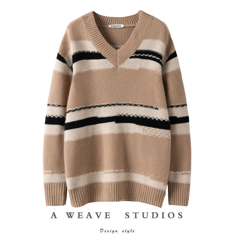 怎么穿都好看~秋冬新款纯山羊绒衫V领撞色加厚宽松针织毛衣女,女装/女士精品,羊绒衫,淘宝优惠券,粉丝福利购,淘宝优惠卷