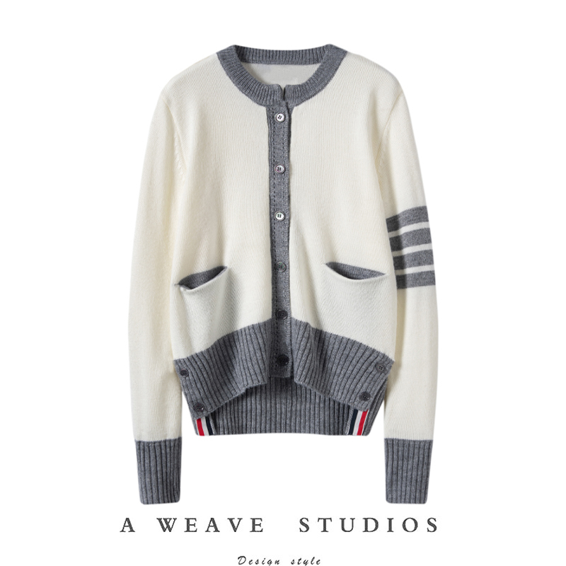 时髦感拉满~25秋冬新款撞色口袋纯羊绒针织衫女拼色门襟圆领开衫