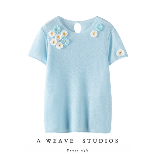 【甜美温柔风】轻奢100%山羊绒简约百搭款手工钩花针织短袖