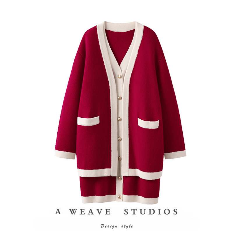 重磅羊绒针织连衣裙开衫两件套装