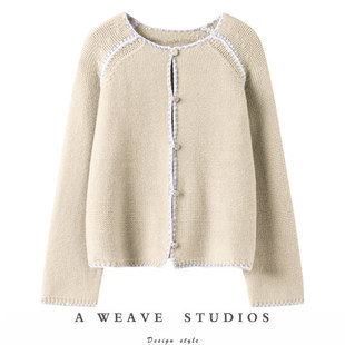 将美进行到底~100纯山羊绒手工拼接贝壳绣长袖针织羊绒开衫女